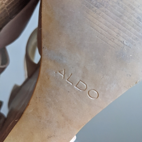 aldo Nude Leather Platform Sandals Wood Wedge Heel 7.5 - Picture 7 of 11